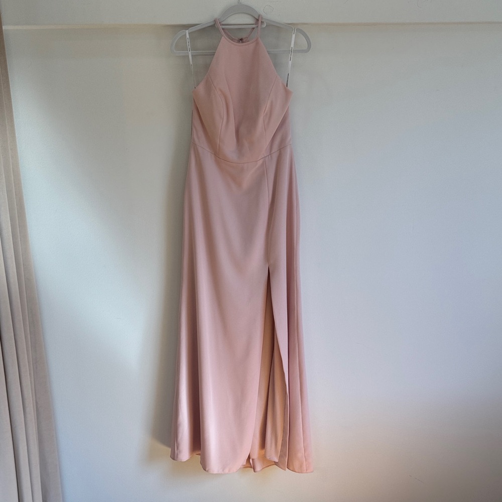 Dessy blush crepe bridesmaid dress.
